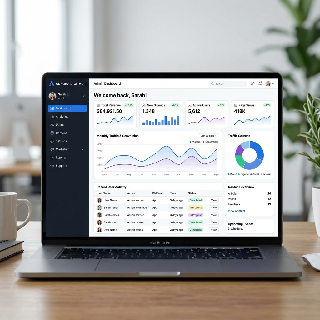 Admin dashboard showing total revenue, new signups, active users, page views, traffic charts, recent user activity, and content overview